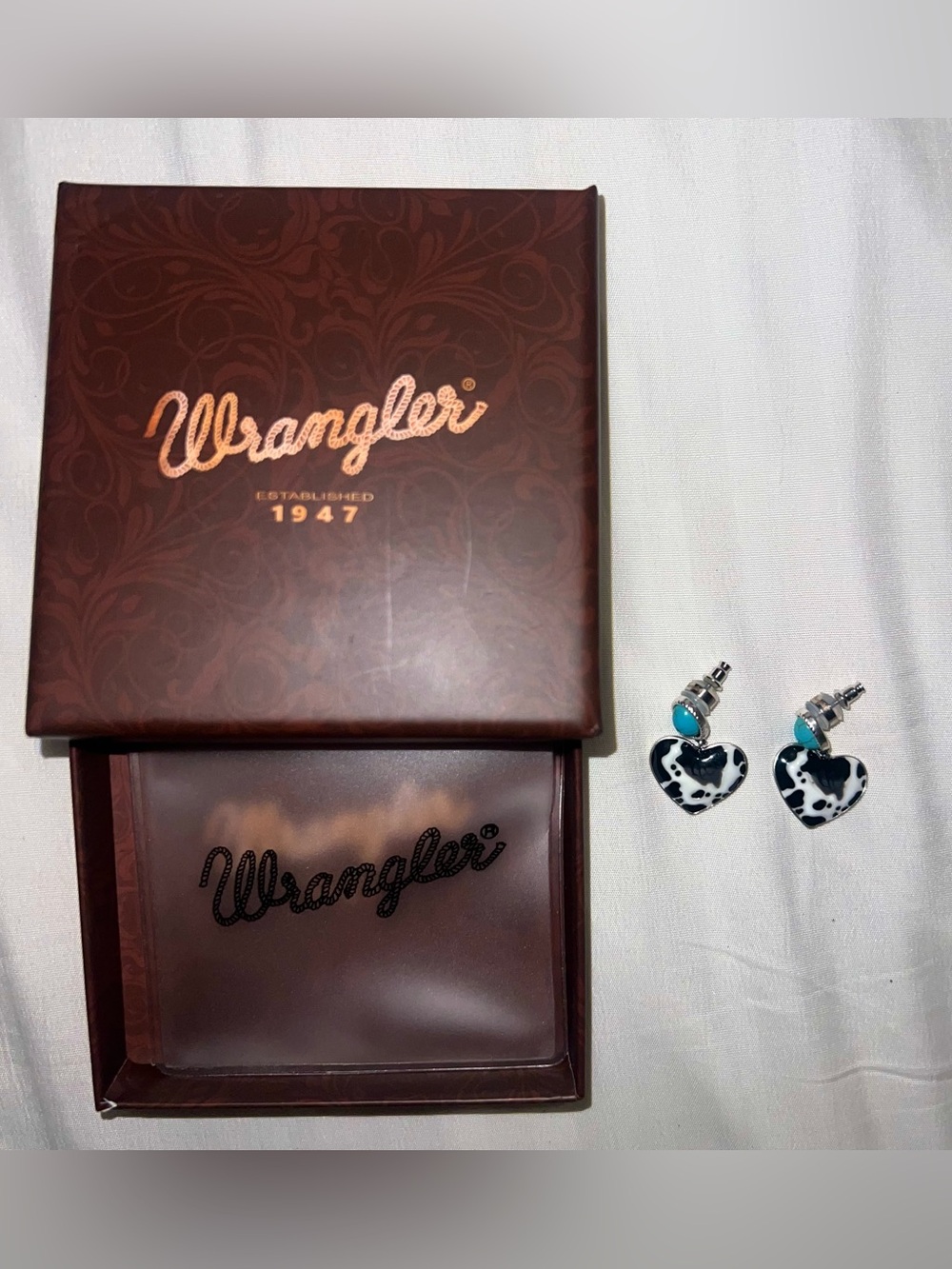 Wrangler Earrings Cow print and Turquoise Hearts New In Box